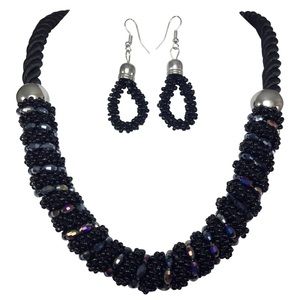 Black Bead Wrapped Thread Necklace Earrings Set